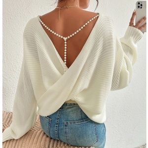 Off White Backless Pearl Detail Oversized Knit Sweater Twisted Back Long Sleeve